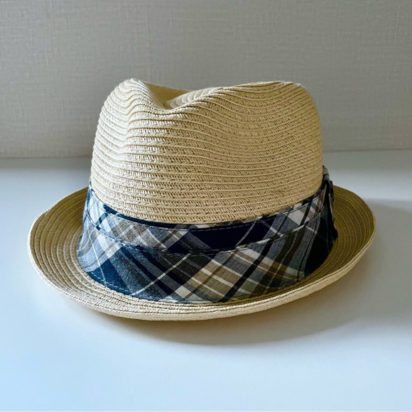 Mark Ecko Men’s Paper Straw Fedora, Navy Plaid Fabric Hat Band, size 23 … - Picture 2 of 8